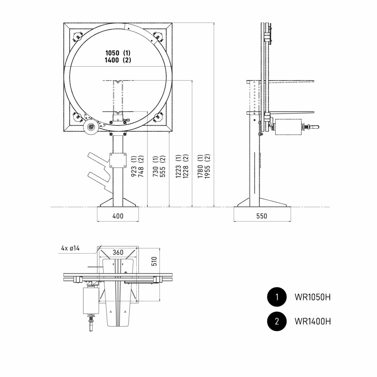 Abmessungen der Verpackungsmaschine OVINATOR, WR1050H und WR1400H