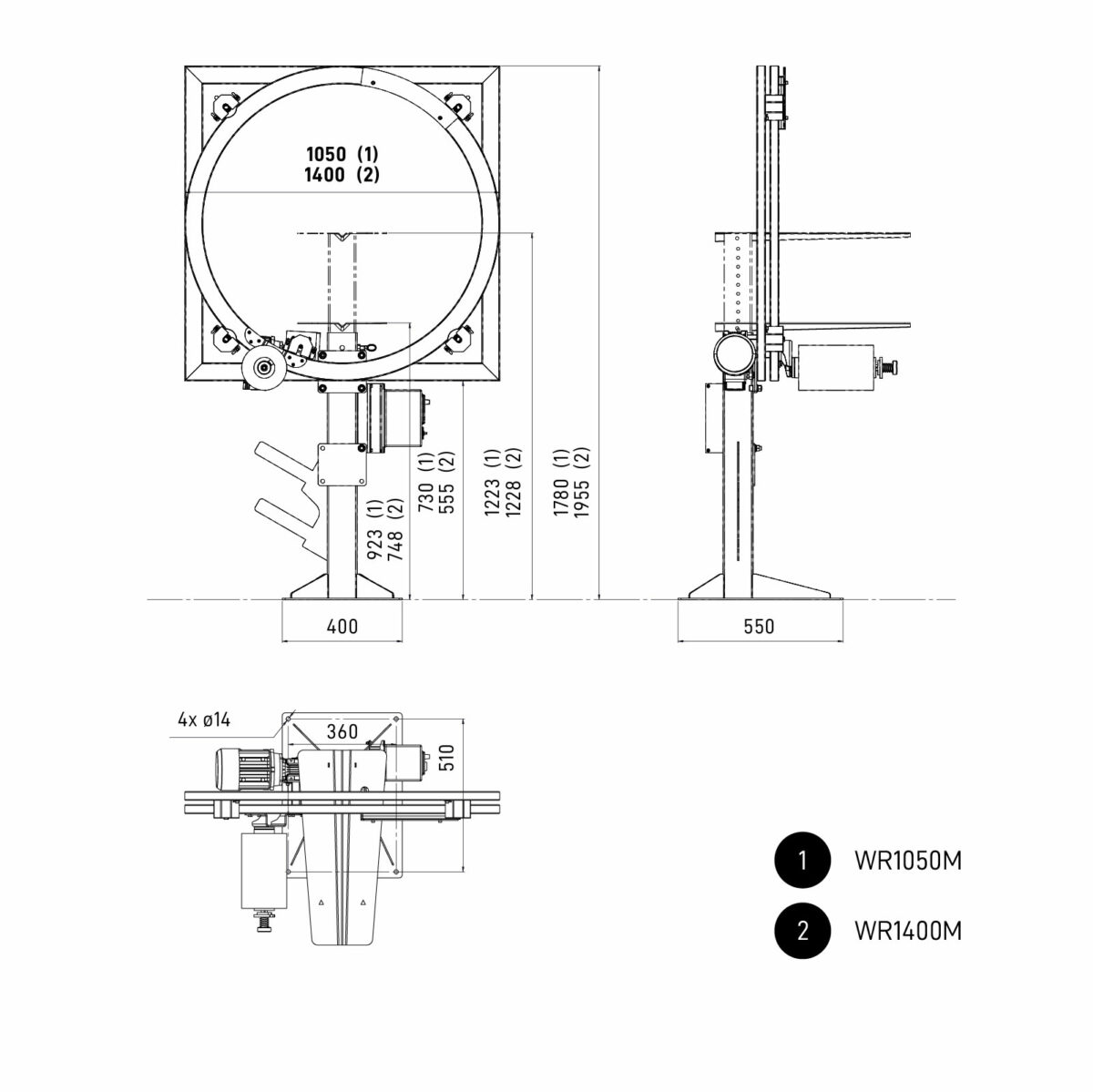 Abmessungen der Verpackungsmaschine OVINATOR, WR1050M und WR1400M