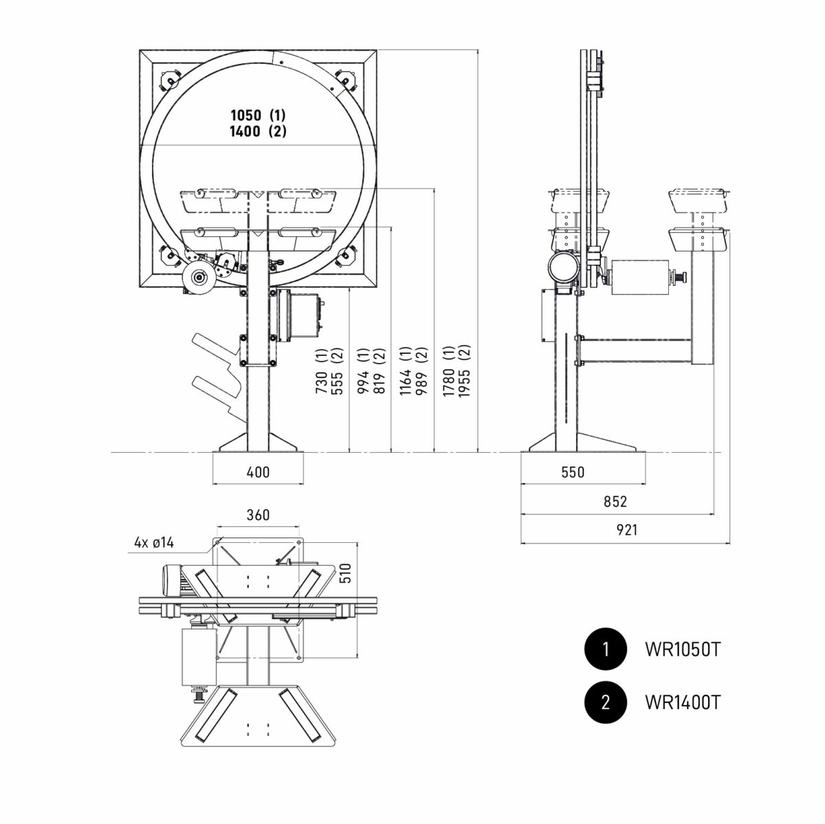 Abmessungen der Verpackungsmaschine OVINATOR, WR1050T und WR1400T