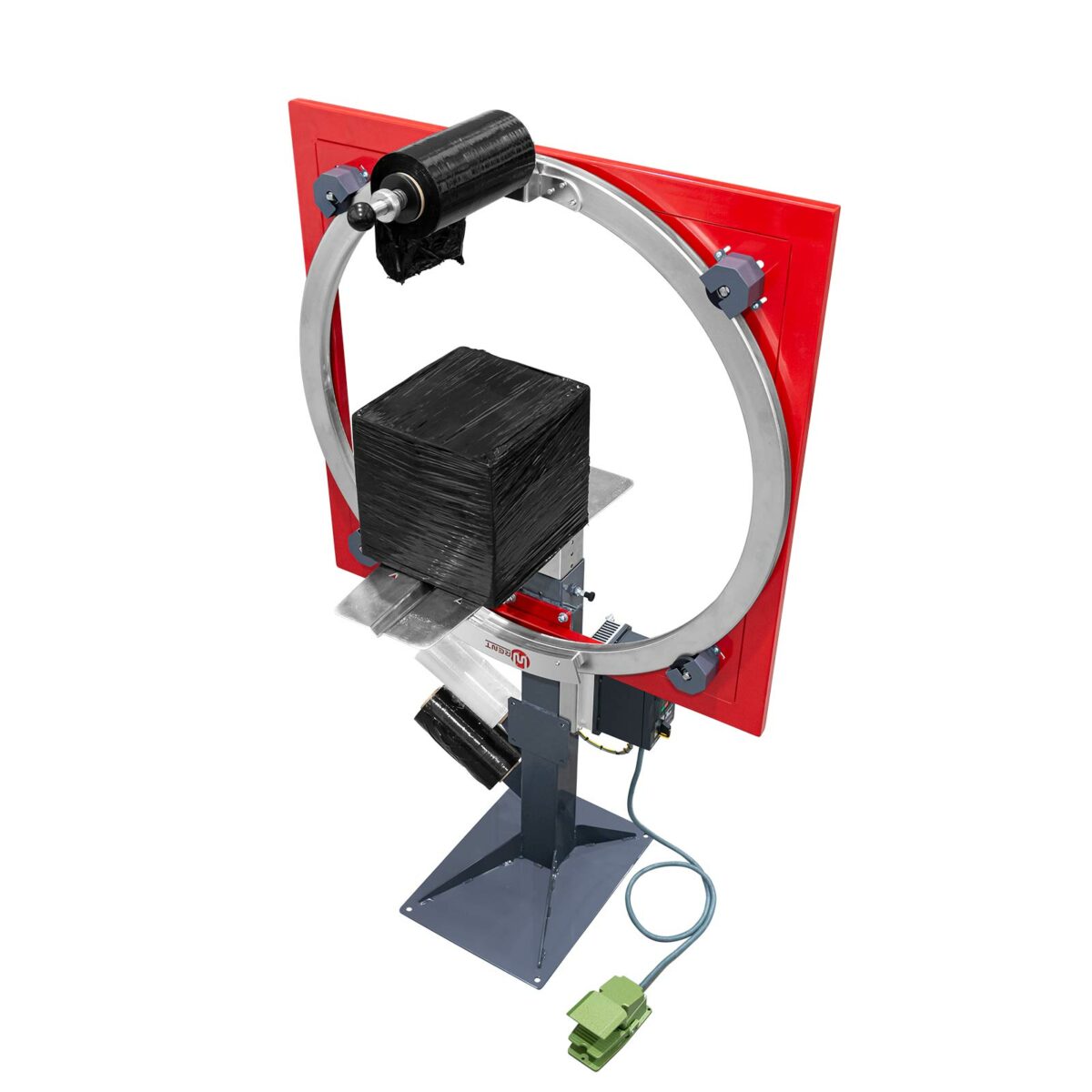 Universelle motorisierte Verpackungsmaschine OVINATOR mit verpackter Kartonsendung, zum Verpacken von Sendungen mit max. Diagonale 880 mm (WR1050H) oder 1250 mm (WR1400H)